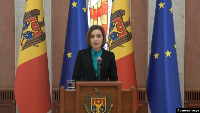 Presidentja moldave, Maja Sandu, në një konferencë për media. 13 shkurt 2023