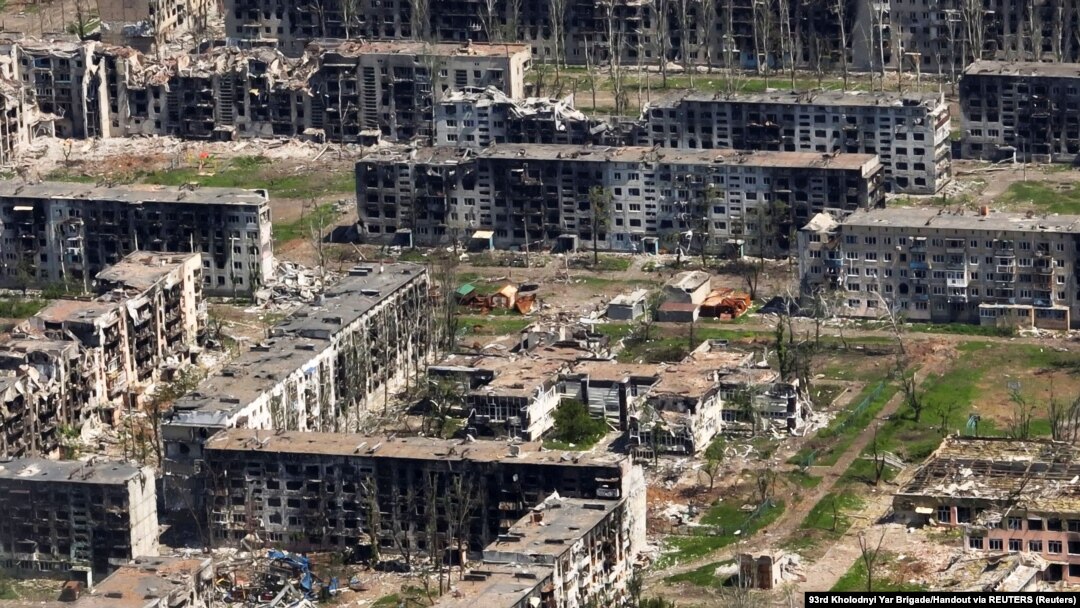 A screenshot of footage from Bakhmut, the city in Ukraine's Donetsk region that has been the epicenter of fighting between Russian and Ukrainian forces. 