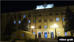 Nagorno-Karabakh - A tent pitched by Arayik Harutiunian outside his office in Stepanakert, July 17, 2023.