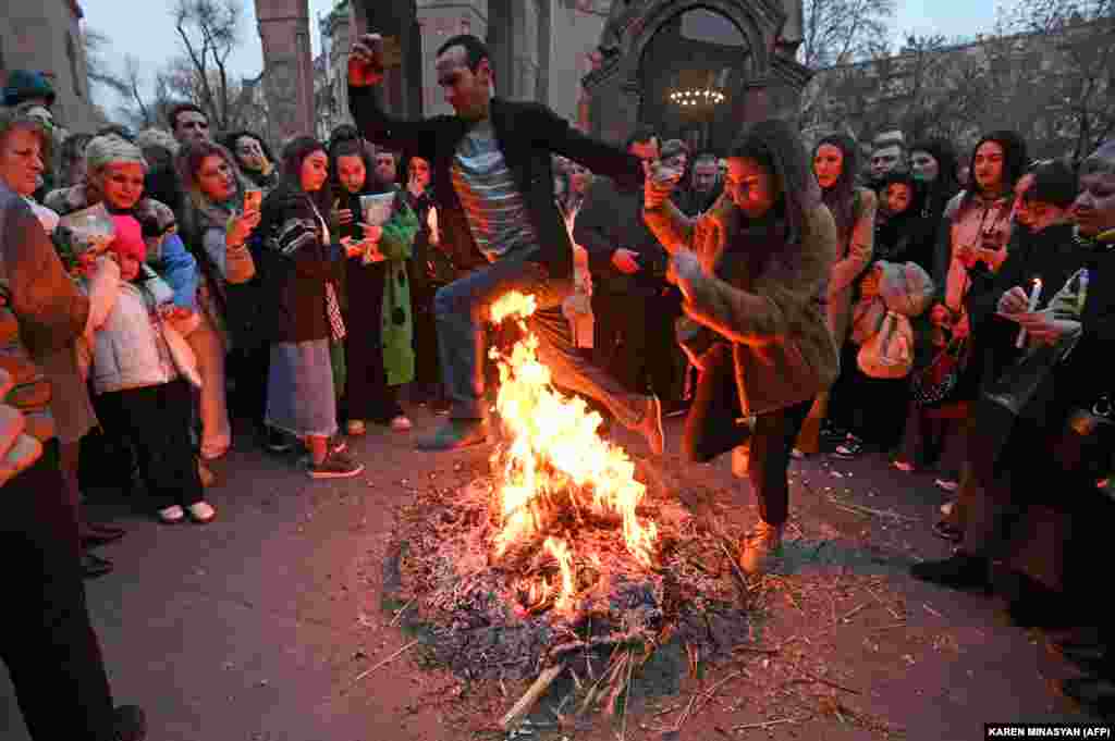 Christian Armenians celebrate Trndez, a feast of purification, in front of St. Anna Church in Yerevan.