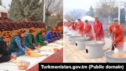 Turkmen men and women work at government-organized events. Many public-sector workers in Turkmenistan must take part in state-organized festivals and parades as the government tries to project an image of prosperity and happiness in the troubled country. (composite file photo)