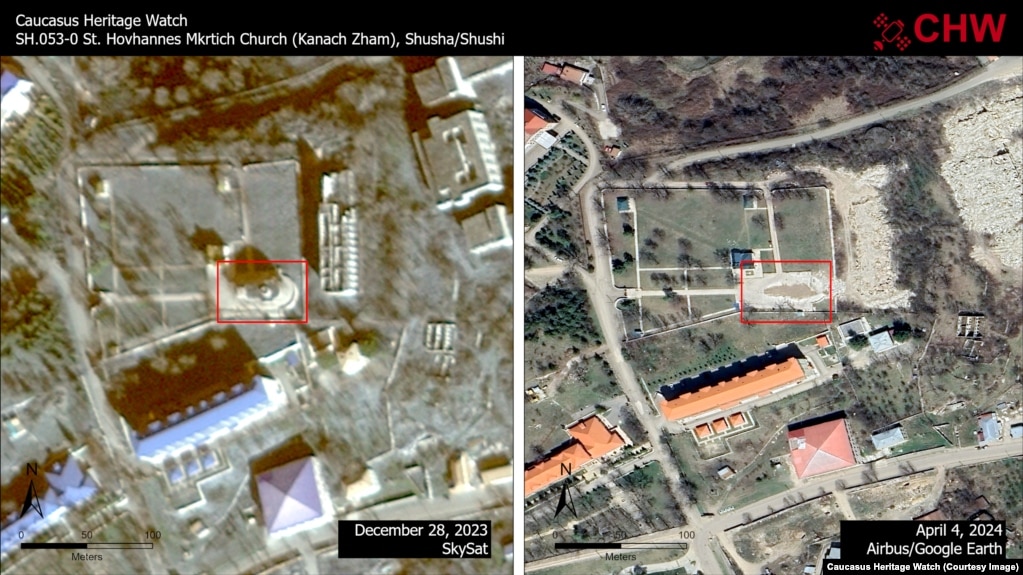 Сателитни снимки, публикувани от Caucasus Heritage Watch през април 2024 г., които показват разрушената църквата "Свети Йоан Кръстител" и няколко околни сгради.