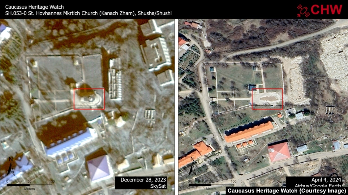 Fotografitë satelitore, të publikuara prej organizatës Caucasus Heritage Watch, në prill të vitit 2024, duke treguar shkatërrimin e Kishës Shën Xhoni dhe disa ndërtesave tjera përreth.