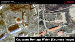 Satellite photos released by Caucasus Heritage Watch in April 2024 showing the destruction of the St. John the Baptist Church and several surrounding buildings.