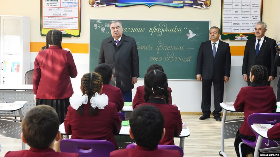 Tajik President Emomali Rahmon (center) attends the opening ceremony of the International Presidential School in the Khatlon region.