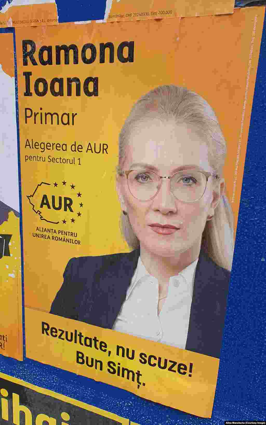 Ramona Bruynseels, candidat AUR la Primăria Sectorului 1, nu și-a pus numele de famlie pe afișul electoral, ci numai cele două prenume Ramona-Ioana. Promite &bdquo;rezultate, nu scuze&rdquo; și &bdquo;bun-simț&rdquo;.&nbsp;