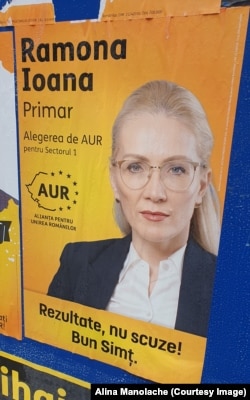Afiș electoral al Ramonei Bruynseels, candidata AUR la Primăria Sectorului 1