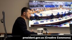 Президент Украины Владимир Зеленский во время выступления через видеосвязь на заседании Европейского совета. Киев, 21 марта 2024 года