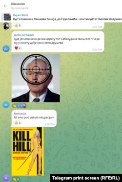 Print screen Telegram kanala Dejana Berića u kojem su vidljivi preteći komentari, 17.04.2024.