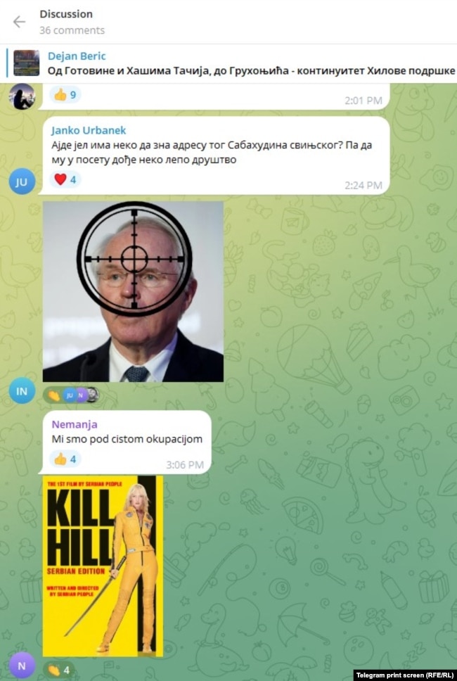 Print screen Telegram kanala Dejana Berića u kojem su vidljivi preteći komentari, 17.04.2024.