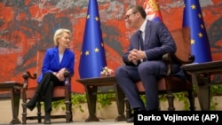 Predsednica EK Ursula von der Lajen sa predsednikom Srbije Aleksandrom Vučićem u Beogradu, 31. oktobar 2023.