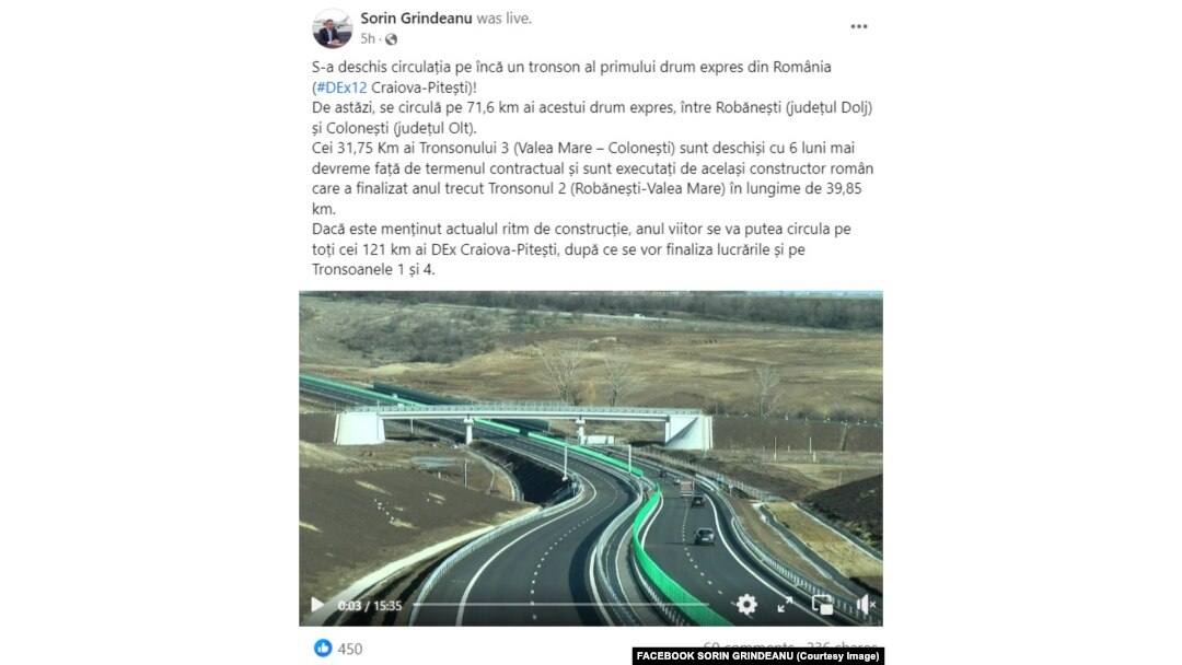 Postarea pe Facebook a ministrului Transporturilor, Sorin Grindeanu, despre deschiderea unui nou tronson din Drumul Expres Craiova - Pitești.