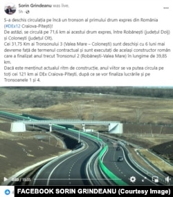 Postarea pe Facebook a ministrului Transporturilor, Sorin Grindeanu, despre deschiderea unui nou tronson din Drumul Expres Craiova - Pitești.