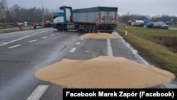 A protest at the Ukraine-Poland border on February 11