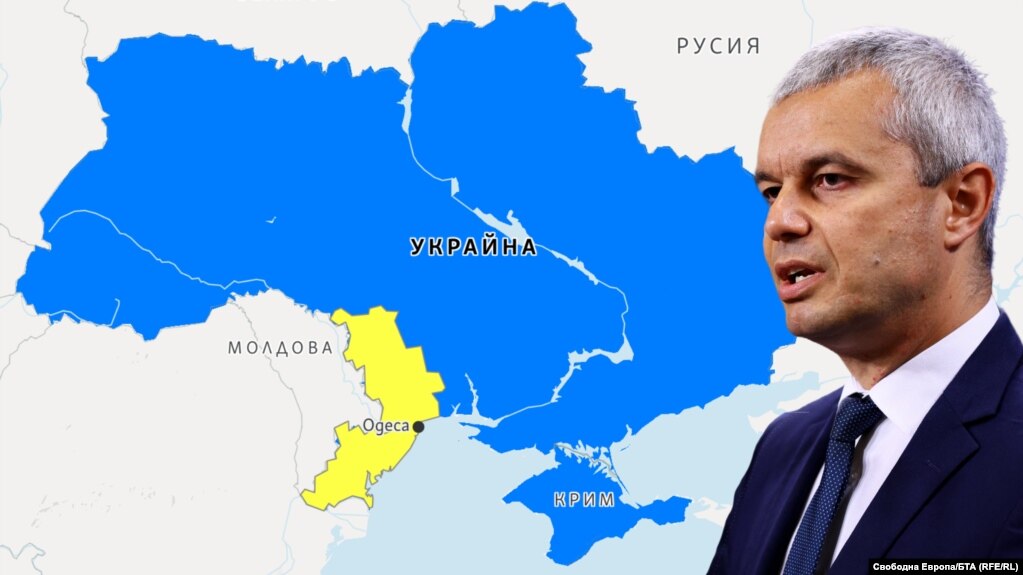 Колаж с образа на лидера на "Възраждане" Костадин Костадинов на фона на карта на Украйна. В жълто се вижда Одеска област, където ръководители на 16 населени места с българско население осъдиха призивите на Костадинов за автономия на българите в региона.