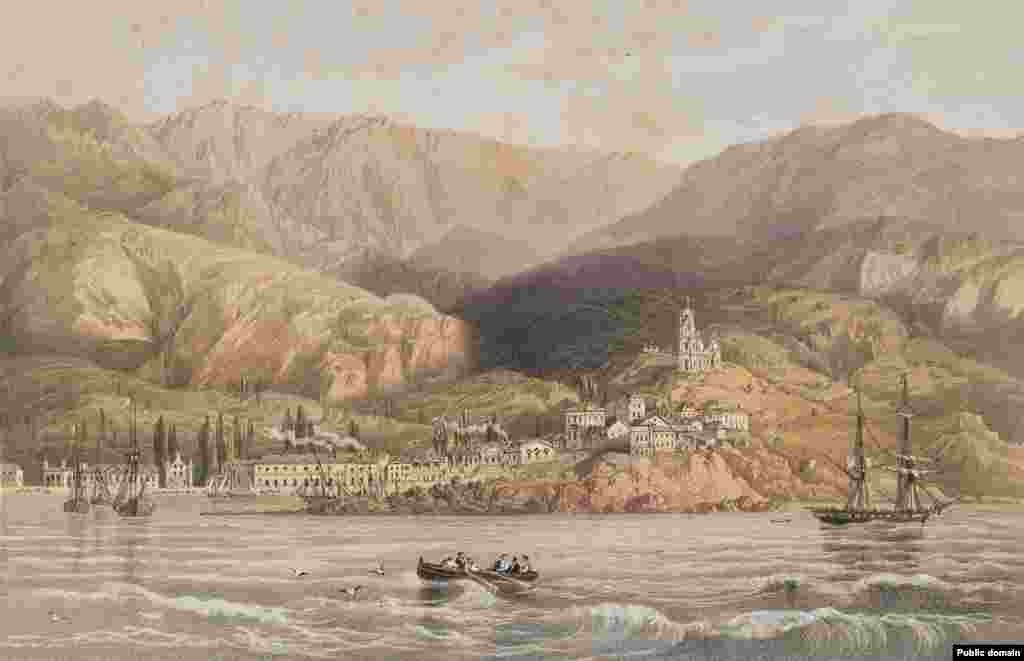 Vedere a orașului Yalta din sudul Crimeei În timpul războiului, o editură londoneză l-a abordat pe Bossoli, deja bine stabilit, cu oferta de a reproduce primele sale picturi din Crimeea într-o carte cu legende explicative.
