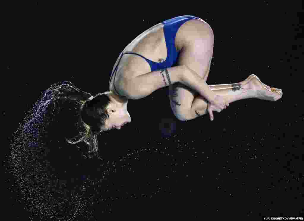 Ukrainian athlete Sofia Lyskun competes at the World Aquatics Championships in Doha, Qatar.&nbsp;