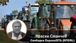 Колаж със снимка на автора Красен Станчев и кадри от протеста на зърнопроизводителите