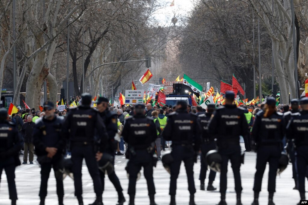 Oficerët e policisë të rreshtuar para fermerëve që po protestonin për kushtet e punës dhe politikat bujqësinë, në Madrid, më 26 shkurt 2024.