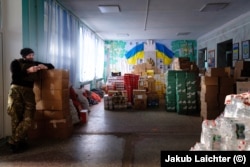 Aid supplies in a schoolroom in Avdiyivka photographed in April 2022.