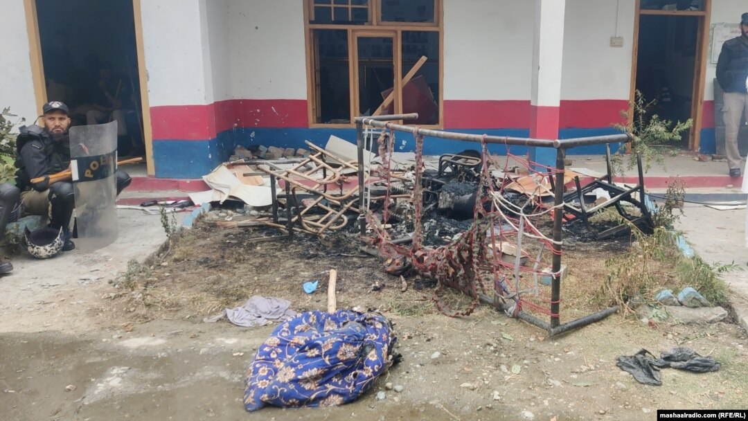 The aftermath of a mob attack on a police station in the town of Madyan, Swat, in northwestern Pakistan, following accusations of blasphemy. 