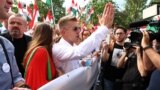 Peter Magyar greets supporters at a demonstration in Budapest on April 5.