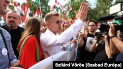 Peter Magyar greets supporters at a demonstration in Budapest on April 5.