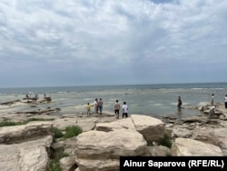 People at the edge of the Caspian Sea in Aqtau last month.