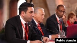 Spain - Armenian parliament speaker Alen Simonian addresses a meeting of EU parliament speakers, April 22, 2024.