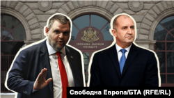 Колаж на председателя на парламентарната група на ДПС Делян Пеевски и президента Румен Радев на фона на президентството