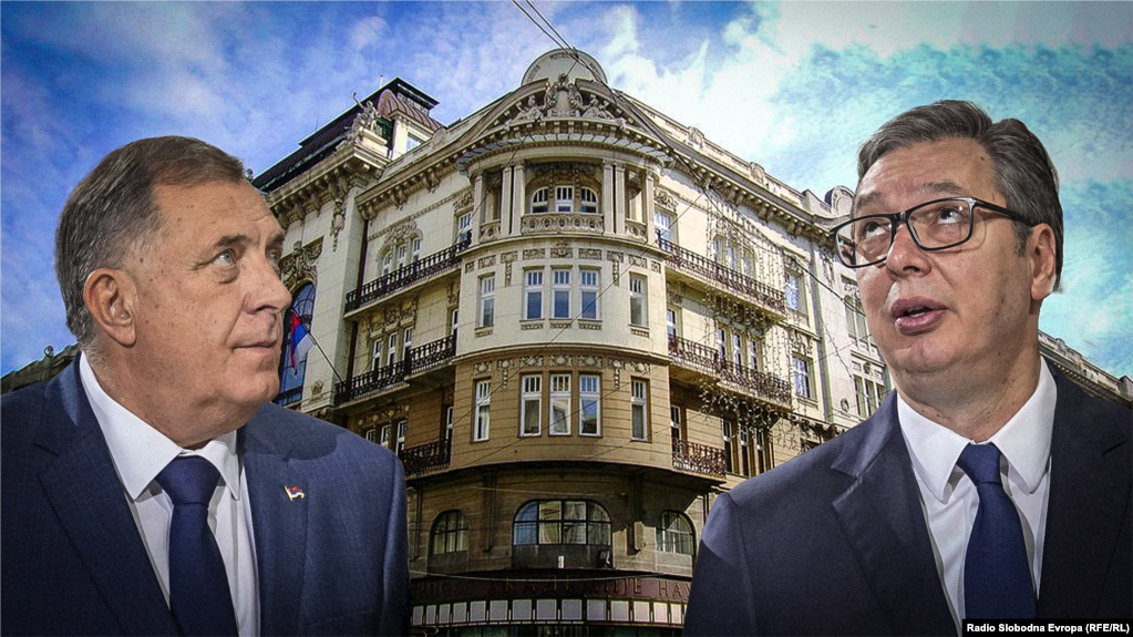 Predsjednik RS Milorad Dodik i predsjednik Srbije Aleksandar Vučić, u pozadini zgrada Srpske akademije nauka i umetnosti u Beogradu, ilustracija
