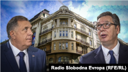 Predsjednik RS Milorad Dodik i predsjednik Srbije Aleksandar Vučić, u pozadini zgrada Srpske akademije nauka i umetnosti u Beogradu, ilustracija
