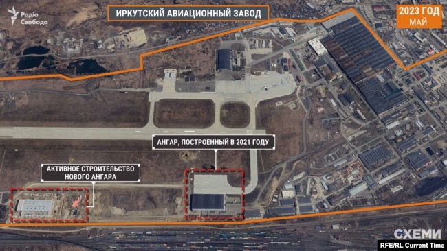 Fabrika e Aviacionit Irkutsk, një punëtori e re (ndoshta për luftëtarët) dhe ndërtimi i një punëtorie tjetër. Imazhe satelitore nga Maxar Technologies dhe Planet Labs për projektin Schemes, maj 2023