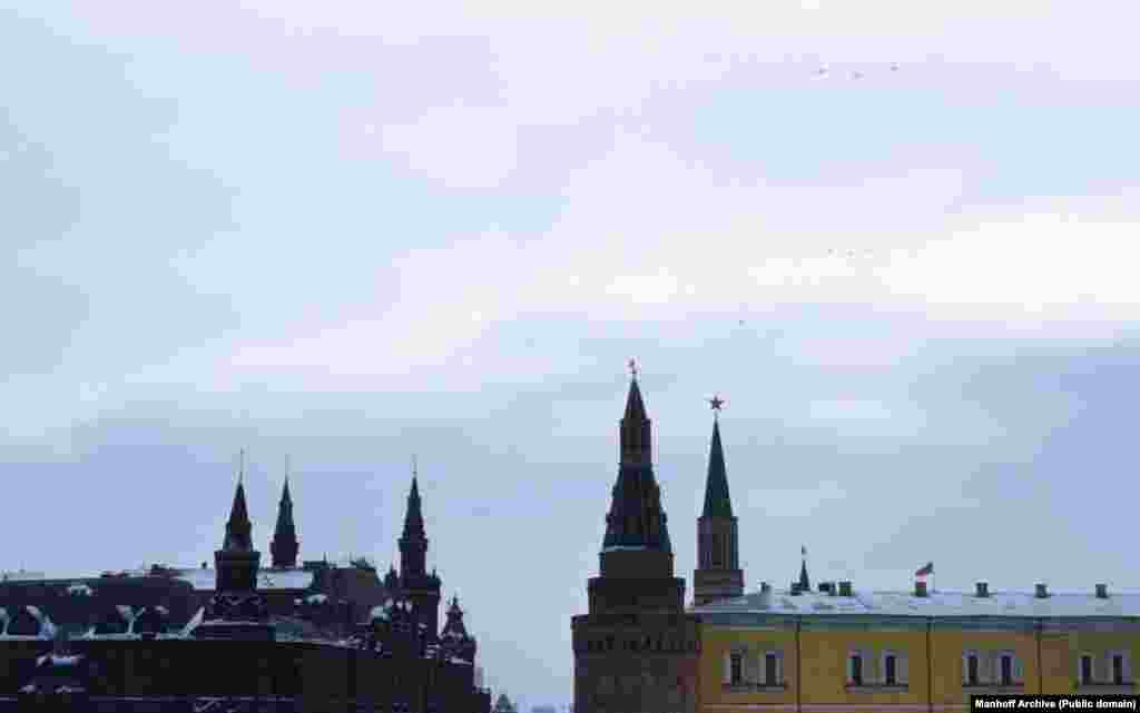 A photo by Manhoff shows a formation of airplanes flying over the Kremlin as Stalin&rsquo;s body was wheeled to Red Square. The Soviet ruler was initially interred next to Lenin inside the Red Square mausoleum. &nbsp;