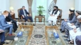 Zamir Kabulov, Russia's presidential envoy to Afghanistan (center left), meets with Amir Khan Muttaqi (center right), the Taliban foreign minister, in Kabul on April 23.