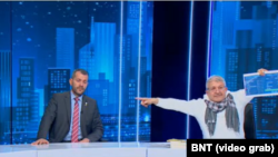 Boyan Rasate (left), from the far-right Bulgarian National Union, and Ventsislav Angelov, one of Bulgaria's most notorious anti-vaxxers and a leader of the Truth and Only The Truth, another far-right party that operates largely in obscurity, appeared on Bulgarian TV on March 12.