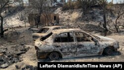 Kiégett autóroncsok az erdőtűz után a görögországi Rodosz szigetén 2023. július 23-án