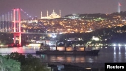 A Turkish-flagged ship carrying grain under the UN's Black Sea Grain Initiative transits the Bosporus in Istanbul on July 18.