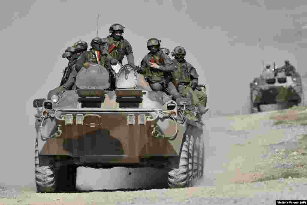 Belarusian soldiers ride atop an armored personnel carrier during the training.&nbsp; The drills involve about 1,500 soldiers from Russia, Belarus, Kazakhstan, Kyrgyzstan, and Tajikistan as well as command staff from the CSTO alliance. Noticeably absent from the exercises is CSTO member Armenia.&nbsp; &nbsp;