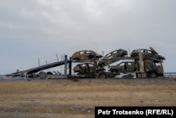 A car transporter destroyed by fire near Zharkent