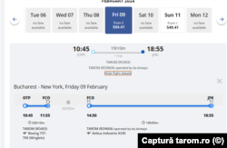 Zborul de la București la New York, cu TAROM și ITA Airways, durează 15 ore și 10 minute. TAROM asigură deplasarea până la Roma, de unde pasagerii sunt preluați până la New York de compania italiană.