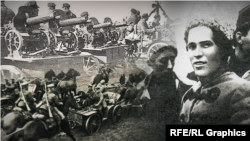 (колаж) Нестор Махно зі своїми соратниками на тлі кулеметів, тачанок і вояків 1920-х років