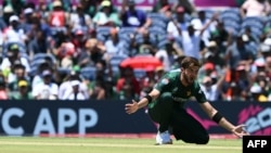 Pakistan's Shaheen Shah Afridi plays in earlier cricket match at the Twenty20 World Cup 2024. Pakistan was due to face India in New York on June 9, although rainy weather delayed the start.