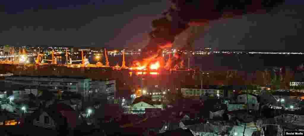 Unverified photos showed fireballs climbing into the night sky on December 26. Ukraine&rsquo;s military said in a post to Telegram that tactical aviation units fired cruise missiles at the port on the eastern side of the Black Sea peninsula, around 3:30 a.m. local time, hitting the ship. &nbsp;