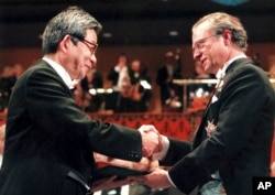 کنزابورو اوئه در حال دریافت جایزهٔ نوبل ادبیات از پادشاه سوئد، ۱۰ دسامبر ۱۹۹۴
