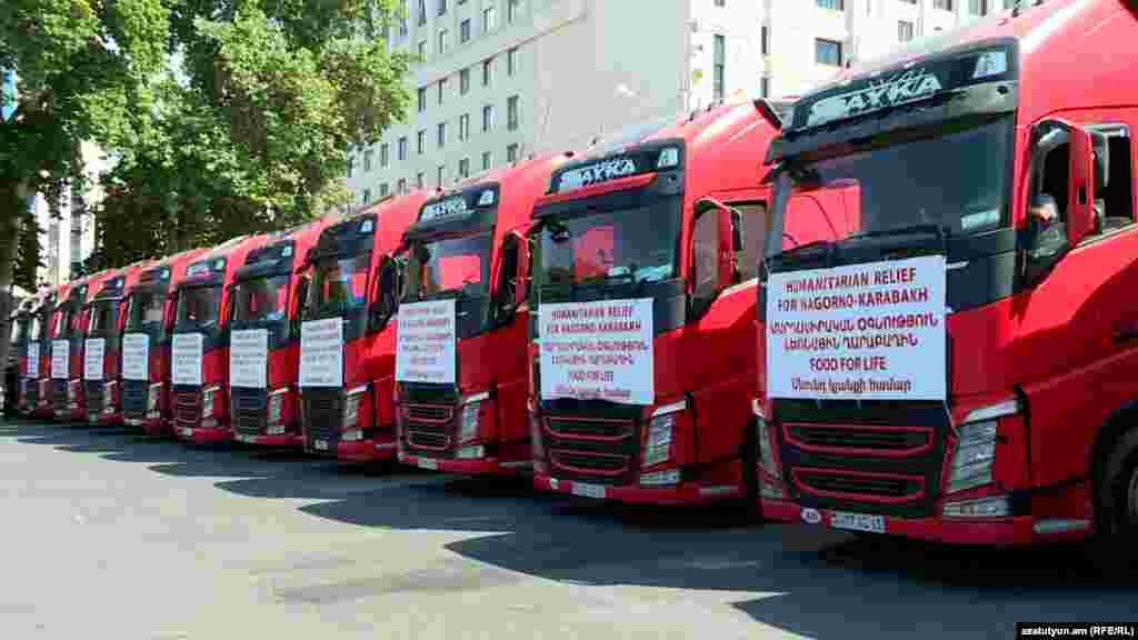 Trucks in Yerevan filled with what Armenia says is humanitarian aid. The photo was taken on July 26, shortly before 19 trucks set off on the journey southeast toward Nagorno-Karabakh.&nbsp;