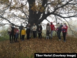 Tibor Hartel, alături de prieteni, în fața celui mai vechi și gros (peste 5 metri) stejar din zona Clujului, lângă pădurea Hoia. Arborele a fost adoptat de un grup de elevi de la un liceu din oraș.