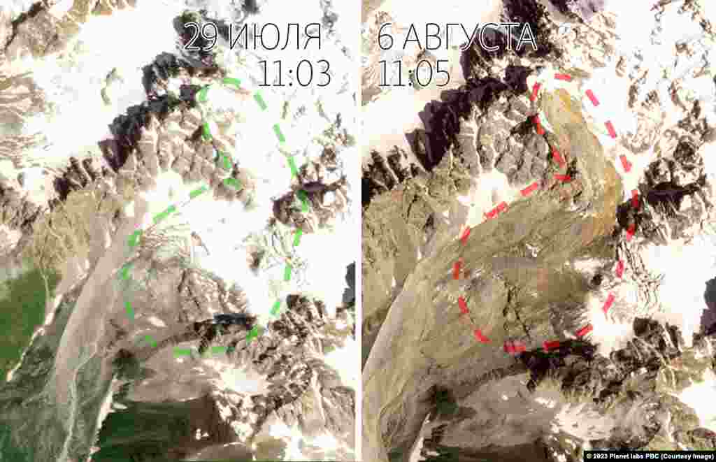 Разница очевидна, если сравнить фотографии от 29 июля и 6 августа. Гора, которая была покрыта снегом и льдом, оголена.