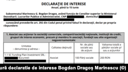 Calitatea de acționariat a lui Bogdan Dragoș Marinescu în firma Funding Plan Investment apare în declarația de interese a acestuia, depusă în iunie 2023.