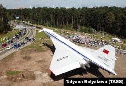 A ceremony to install a Tu-144 as a monument in Zhukovsky, outside Moscow, in August 2019.